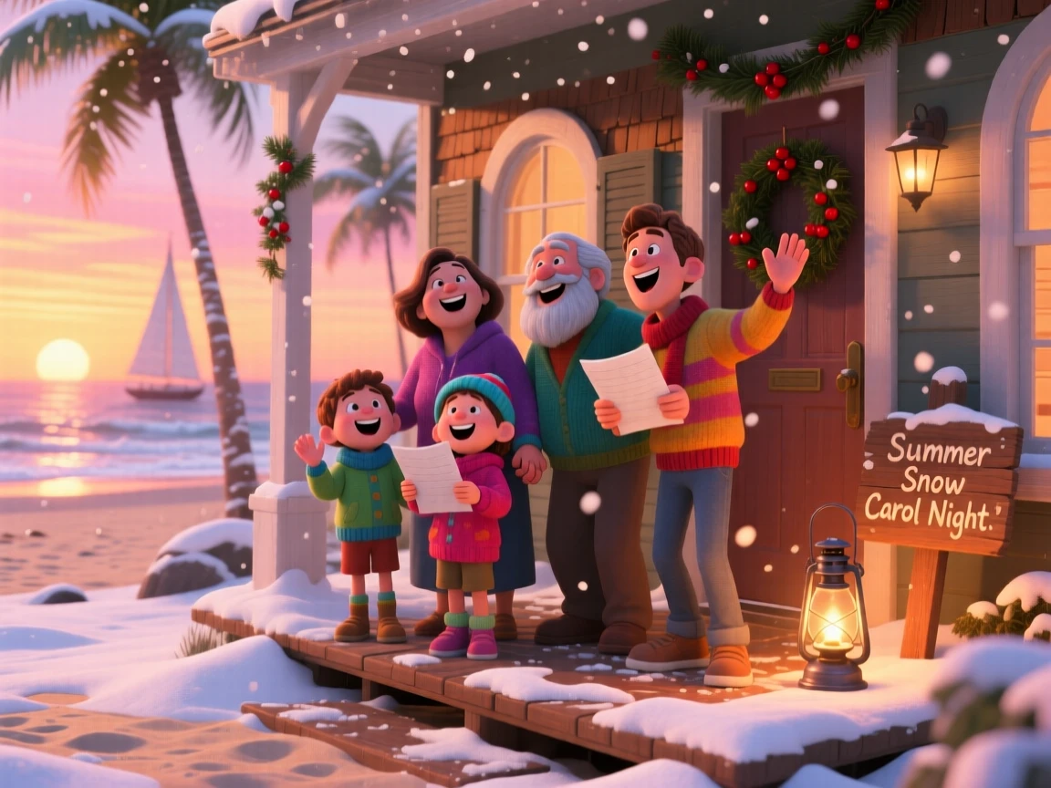 A group singing carols on a snowy doorstep happens on a beach during a warm summer sunset, with soft snow drifting gently down. A cozy, cheerful spirit radiates through the moment.