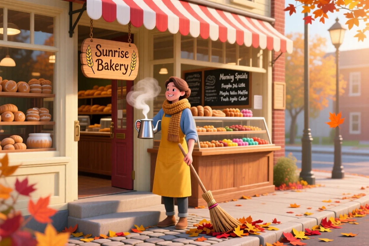 In a cozy corner bakery, a barista steaming milk is busy sweeping the front steps at sunrise, as autumn leaves collect along the curb.