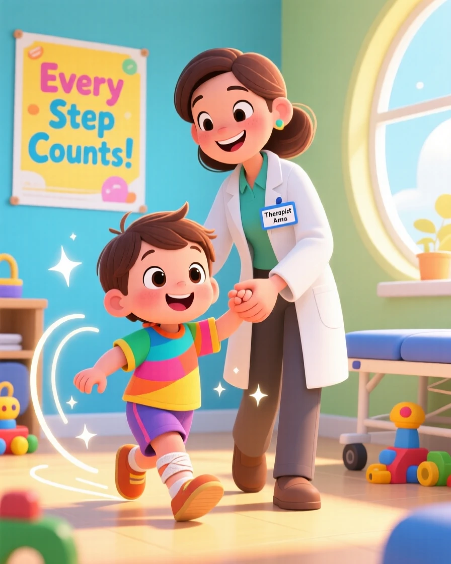 A child learning to walk again, supported by a proud physical therapist.
