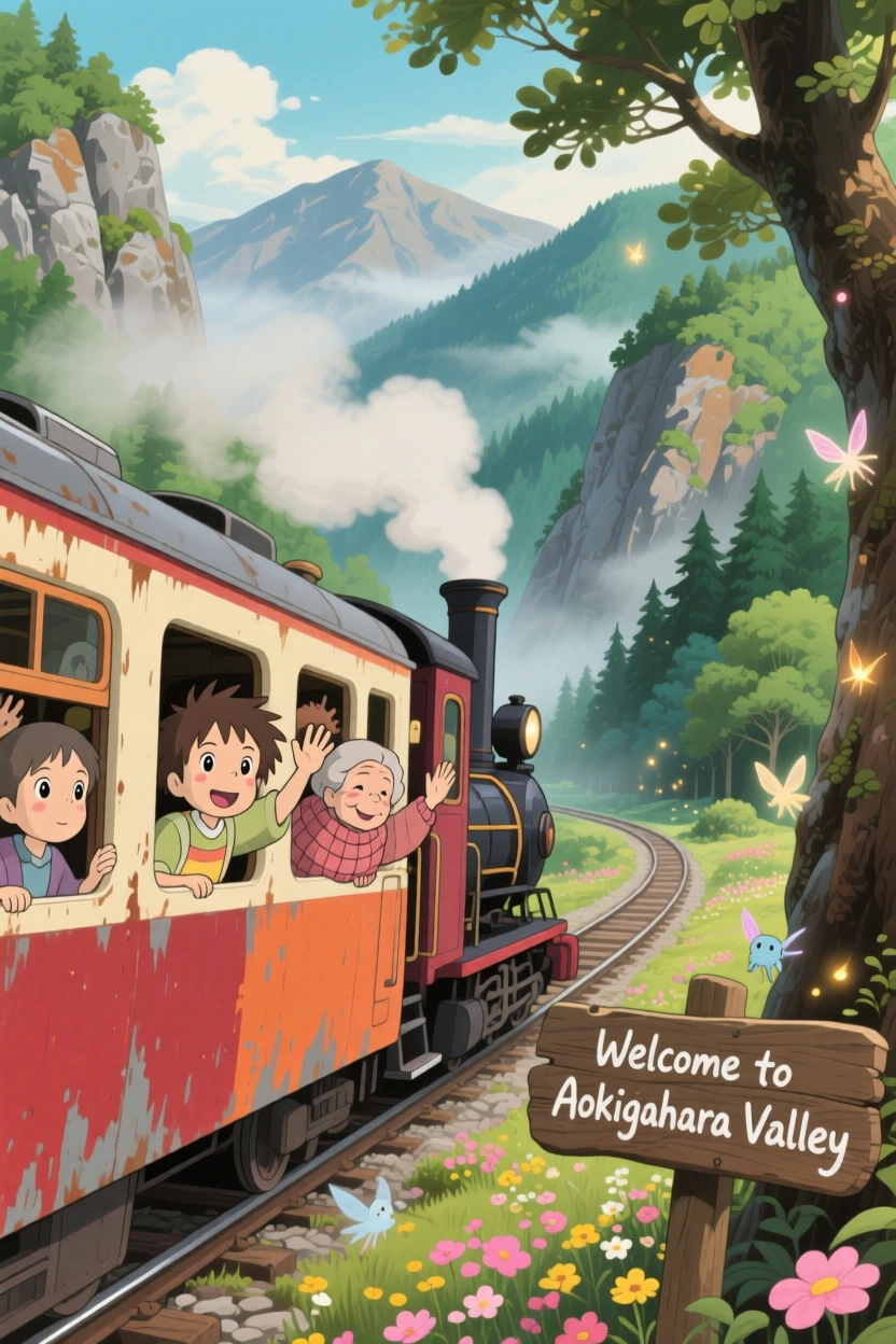 A charming scene of a vintage steam train winding through a mountain valley, as passengers wave from open windows.