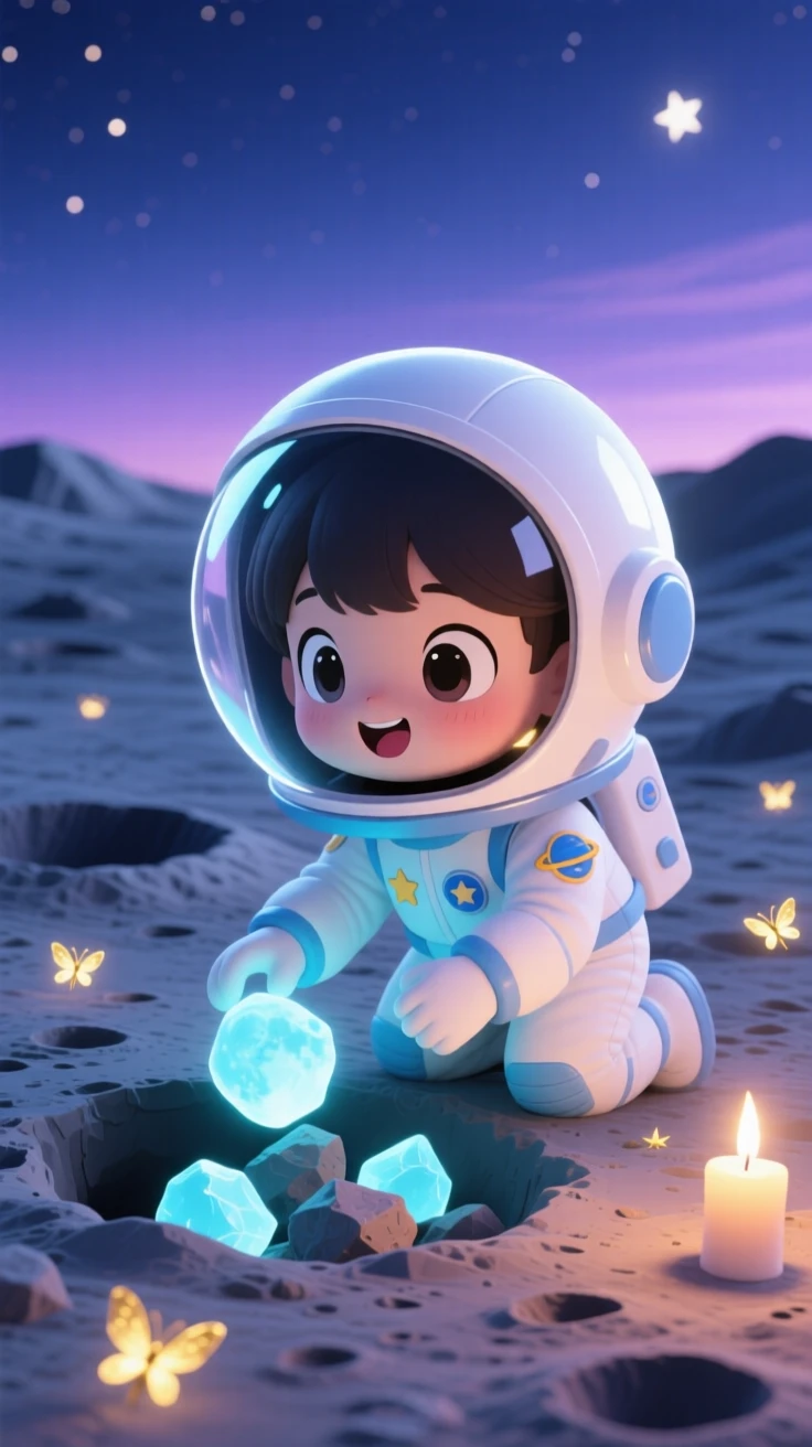 A child in a space helmet collecting glowing moon rocks, framed as a three-quarter view within a cratered lunar surface, as fireflies begin to glow at dusk, glowing under gentle candlelight, evoking eager anticipation.