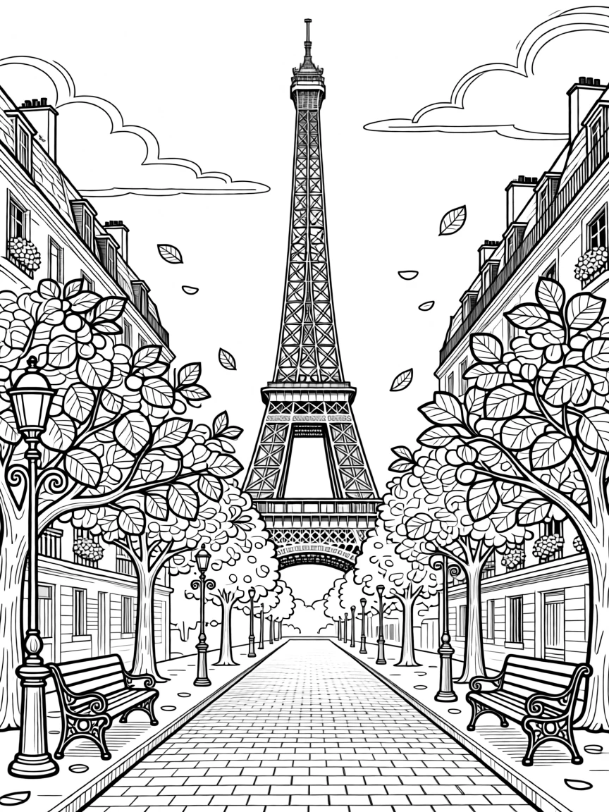 The Eiffel Tower framed by blossoming chestnut trees along a Parisian avenue.
