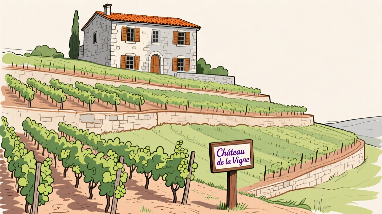 A hillside terrace of vineyards leading to an old stone villa.