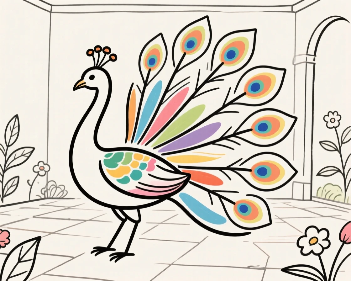A peacock displaying its colorful tail feathers in a garden courtyard.