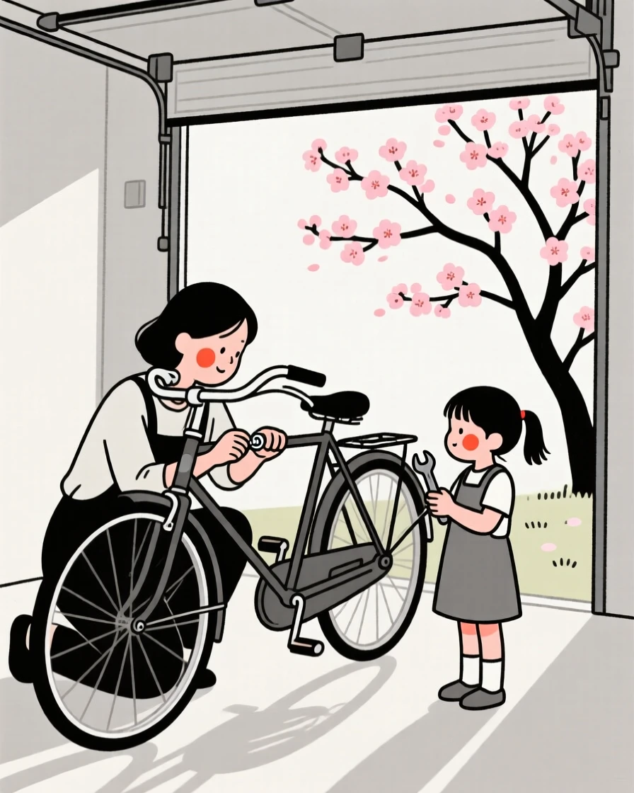 A mother and daughter restoring an old bicycle in a garage, in a blooming cherry blossom garden.