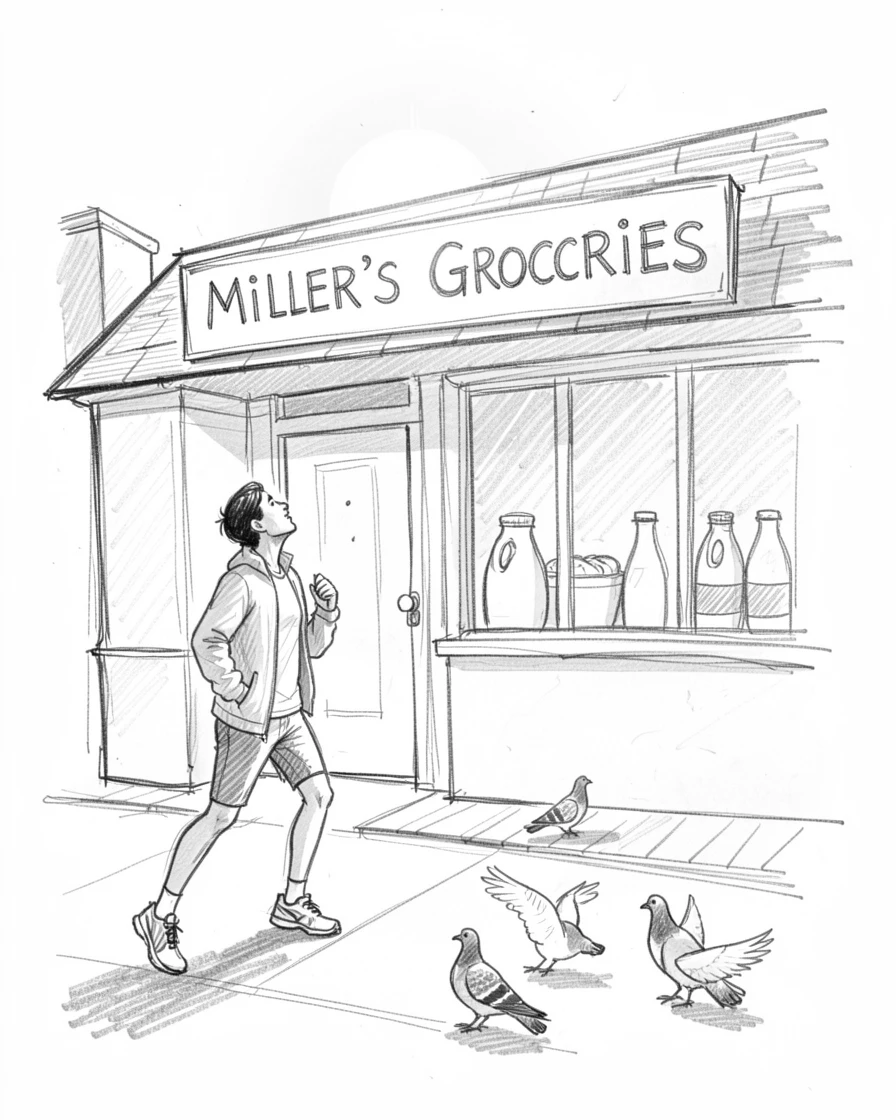 A warm everyday moment: a jogger pausing to watch the sunrise in a small family-run shop, with pigeons scattering nearby.