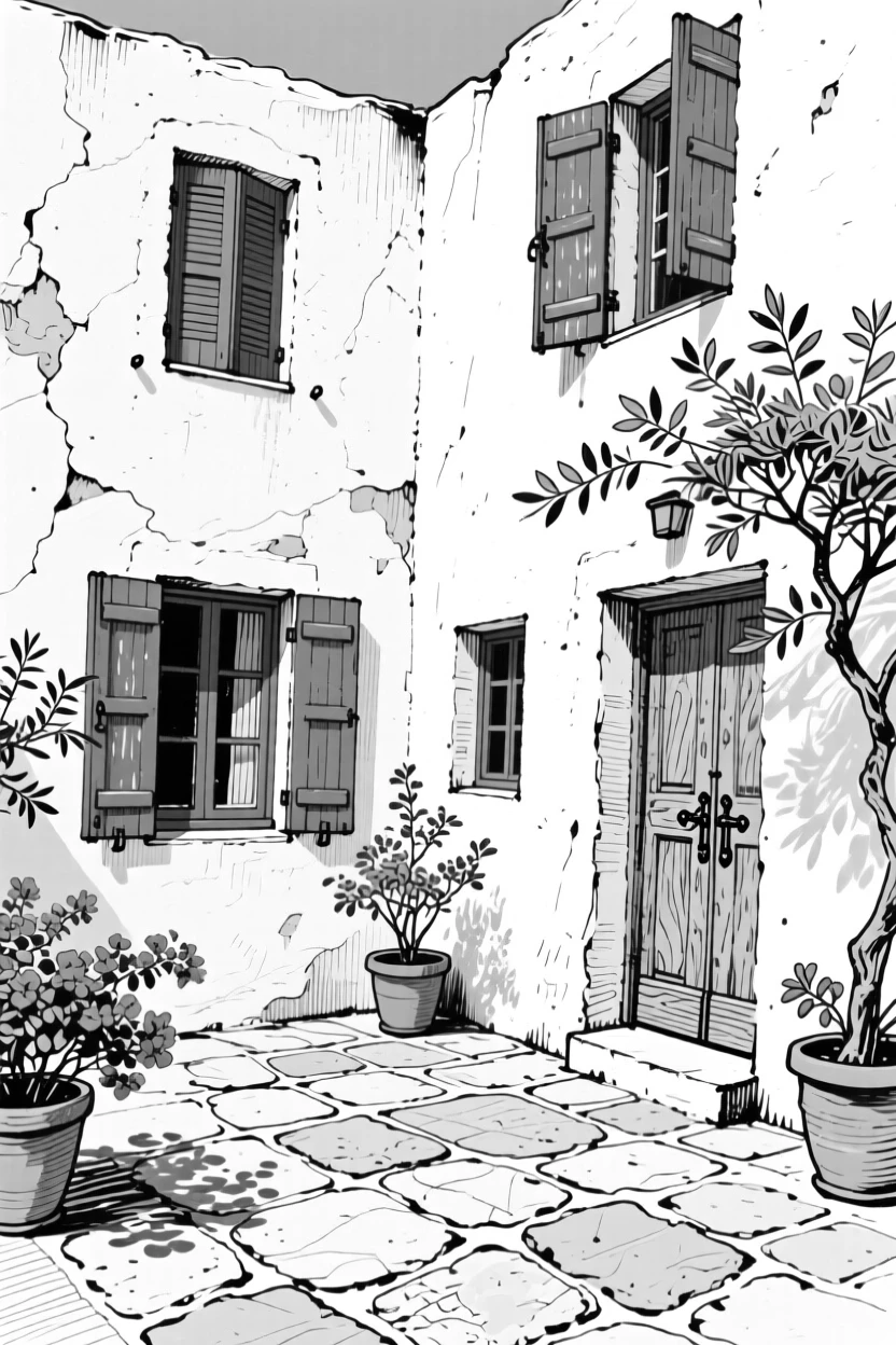 A traditional Greek villa courtyard with white walls and blue shutters.