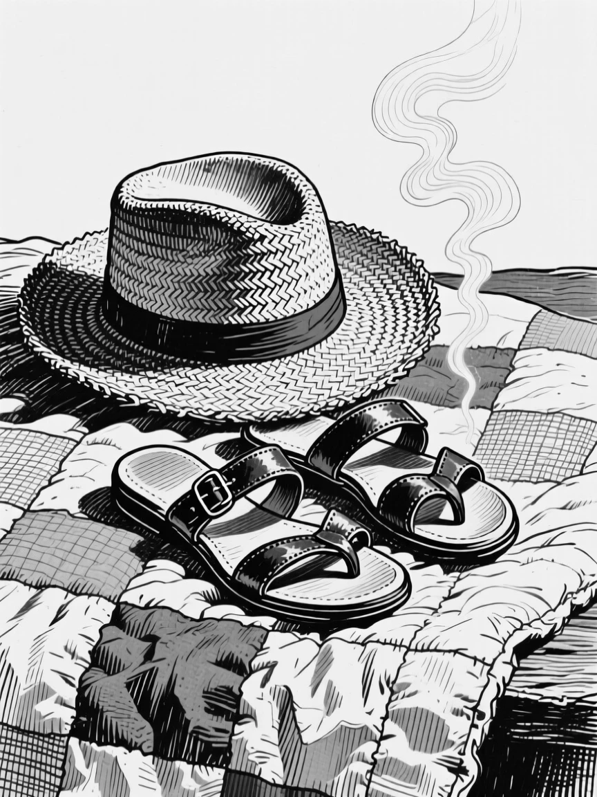A straw sunhat and a pair of sandals resting on an old quilt, with steam curling gently upward nearby, forming an elegantly simple still-life study.