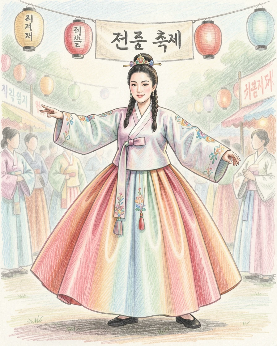 A traditional Korean hanbok-clad dancer performing at a festival, with careful attention to period-accurate clothing and setting, evoking a sense of timeless tradition and heritage.