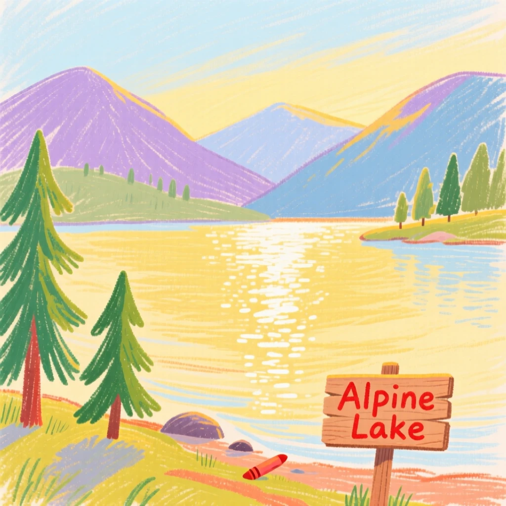 A view of a quiet alpine lake bathed in golden late afternoon sunlight.