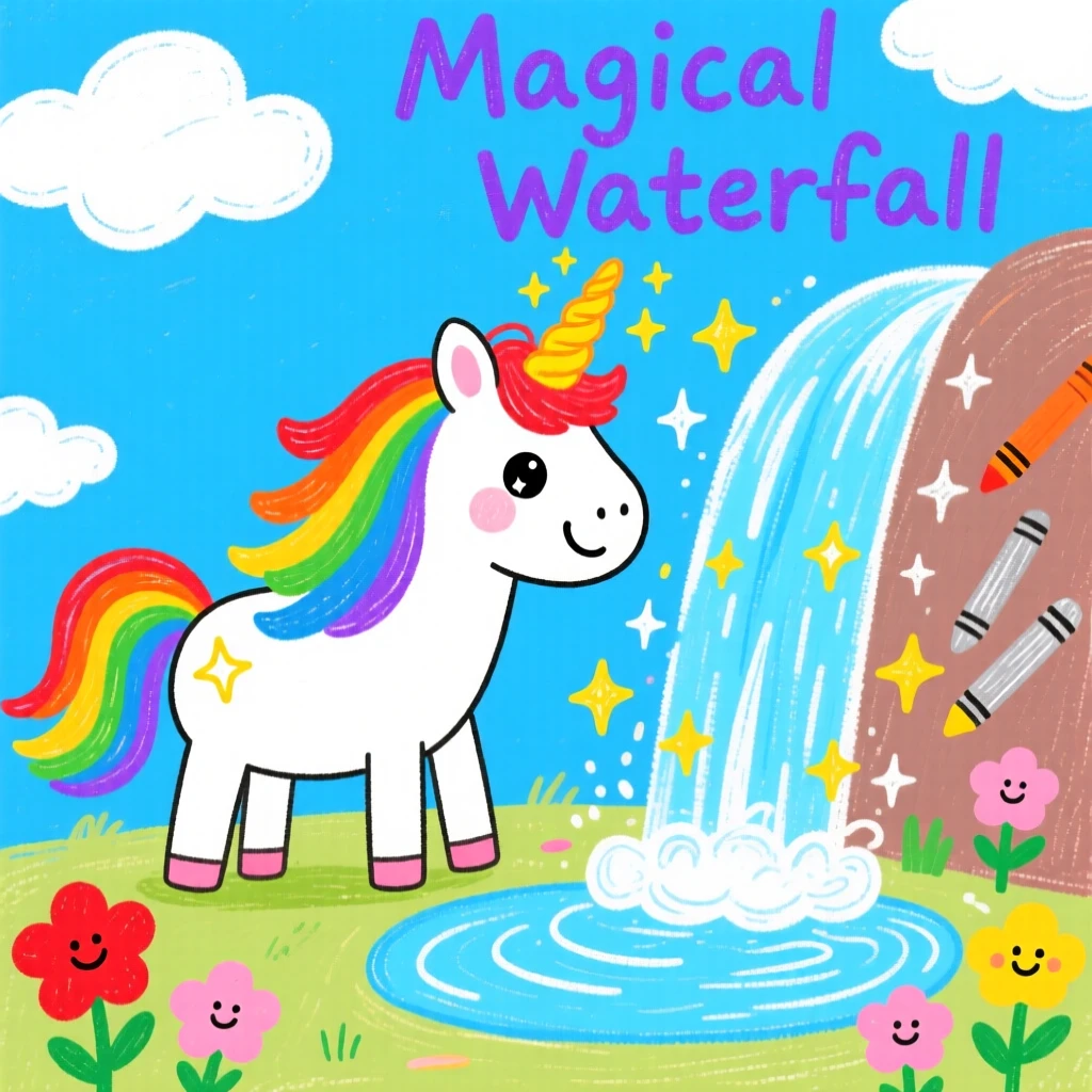 A shimmering unicorn with a flowing rainbow mane beside a glowing magical waterfall.
