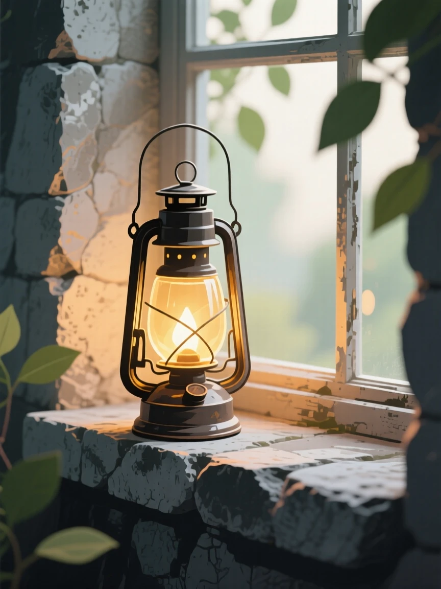 A vintage lantern glowing softly on a stone windowsill, arranged within a softly blurred natural setting, framed tightly to emphasize fine texture and detail, with a clean, elegant simplicity.