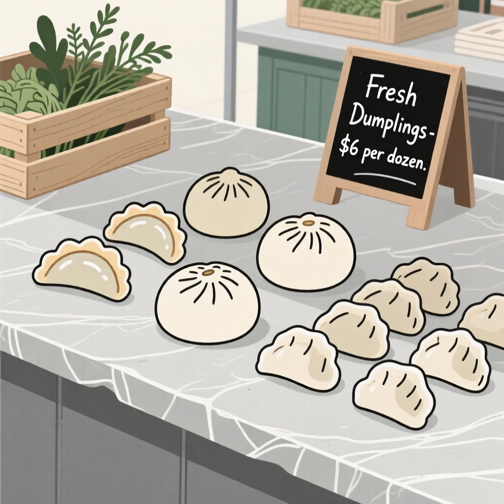An assortment of dumplings beautifully displayed on a stone counter at a farmers market.