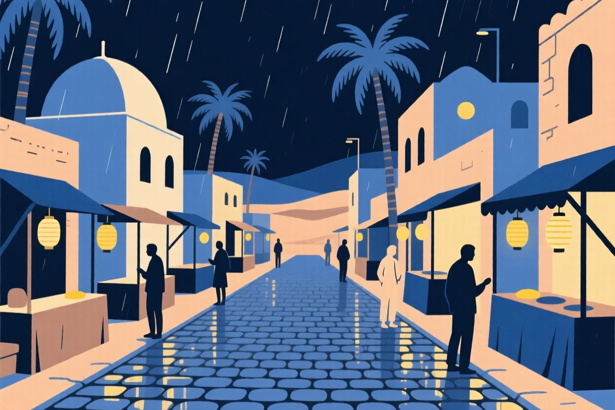 A view of a bustling night market at a desert oasis town, framed by cobblestone streets glistening with rain, capturing quiet discovery.