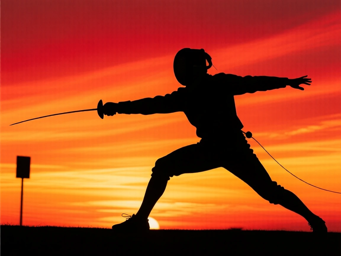 A fencer lunging forward, foil extended toward an opponent.
