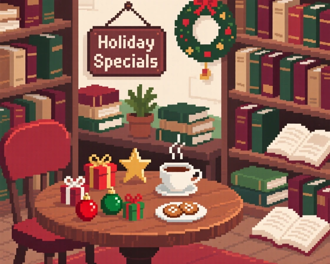 A tea room table decorated for the holidays with tiny ornaments, within a cluttered but charming bookshop.