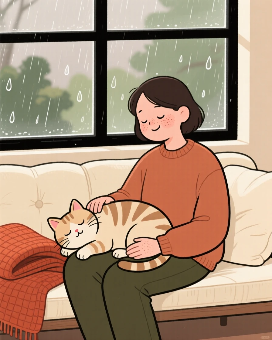 A sleepy cat rests its head on its owner's lap during a quiet rainy morning on the window seat, both perfectly content.
