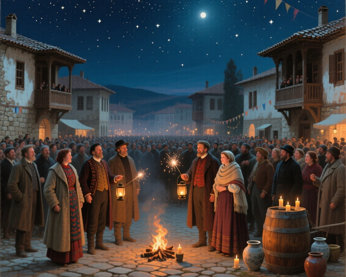 A sweeping wide shot of a New Year's celebration with a crowd gathered beneath a starry sky, in the Balkans, in the 1890s.