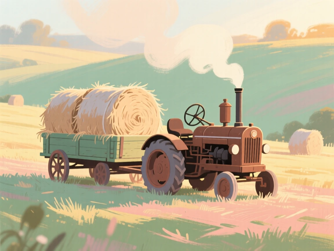 A steam tractor pulling a wagon of hay bales through a field