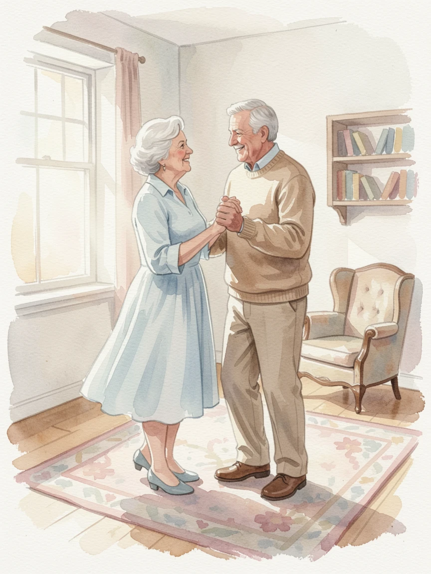 Grandparents dancing together in their living room.