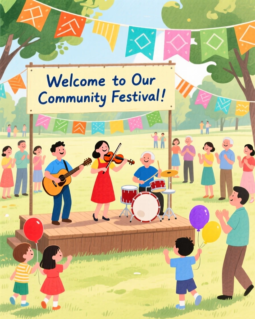 A joyful scene of a community festival with music and colorful banners.