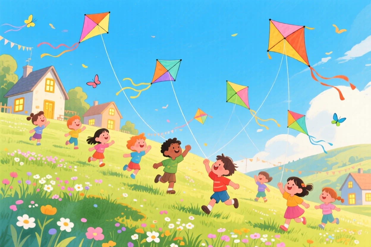 Children flying kites at a spring festival, in a hillside dotted with colorful kites against a blue sky, with warm golden light glowing from every window, evoking carefree seasonal joy.