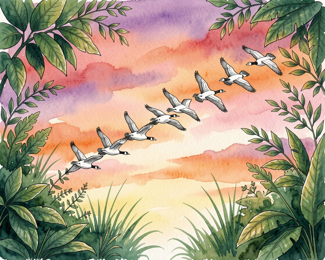 A flock of geese flying in formation across a colorful sunset sky, the scene framed by lush greenery on every side.