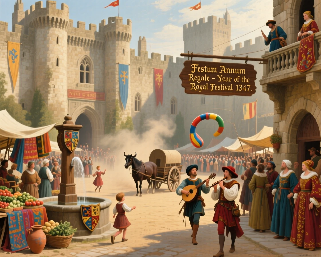 A grand medieval castle courtyard alive with a bustling festival, with dust and motion conveying the energy of the historical moment, capturing the grandeur and detail of a bygone era