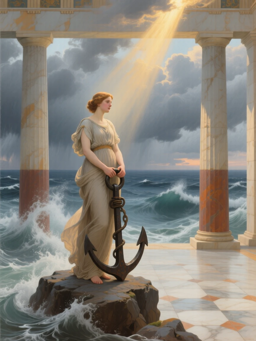 A figure representing Hope clinging to a single anchor amid stormy waves at the threshold between the mortal and the eternal, set within a classical temple open to the heavens, with a single ray of light illuminating the central symbolic gesture; radiating light from the central figure draws every eye inward, suggesting hope, transformation, and the endurance of the human spirit.