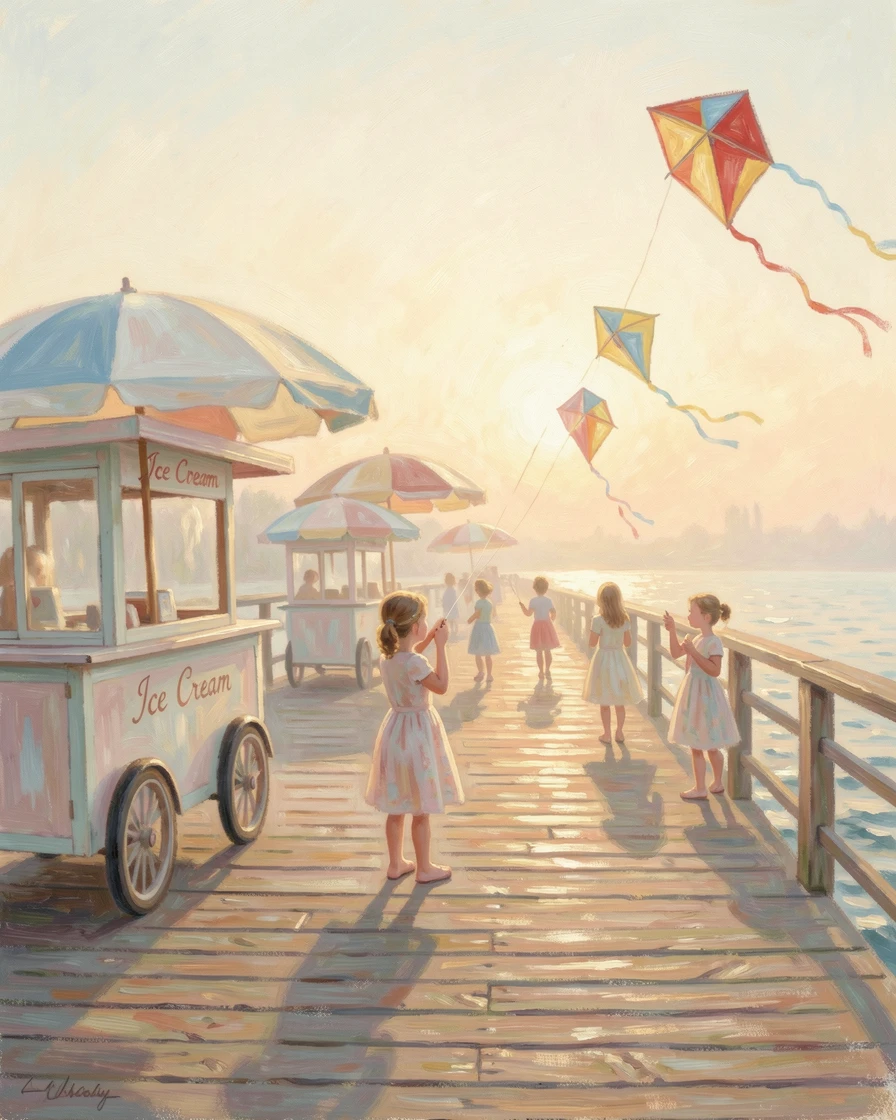 A vintage seaside boardwalk with striped umbrellas, ice cream carts, and children flying kites, at golden sunrise, evoking a sense of peace and quiet wonder.