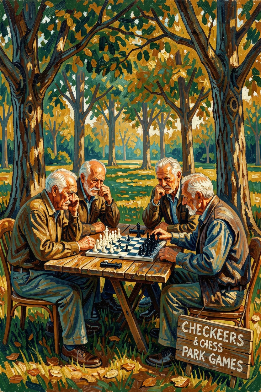 A group of elderly men playing chess in a quiet park beneath tall shade trees.