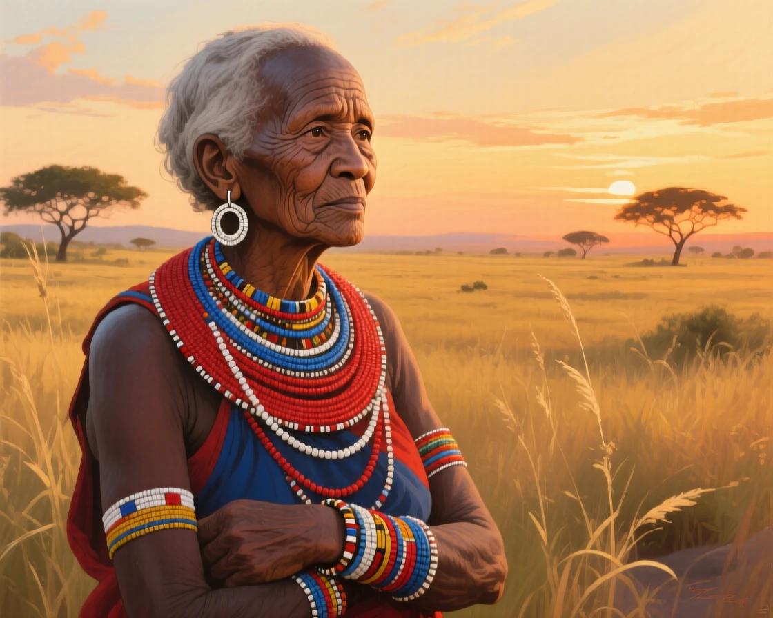 An elderly Maasai woman stands proudly in traditional beaded jewelry, her weathered face full of wisdom as she gazes toward the golden savanna behind her, a sense of genuine, unguarded emotion captured in the small details of their expression.