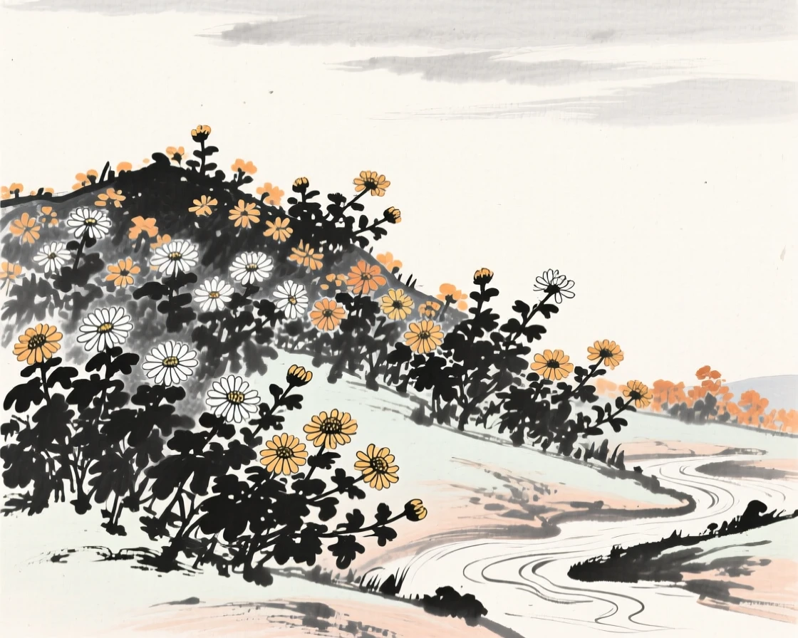 Wild chrysanthemums cover a hillside beneath a clear autumn sky, with a small stream running quietly past the hillside.