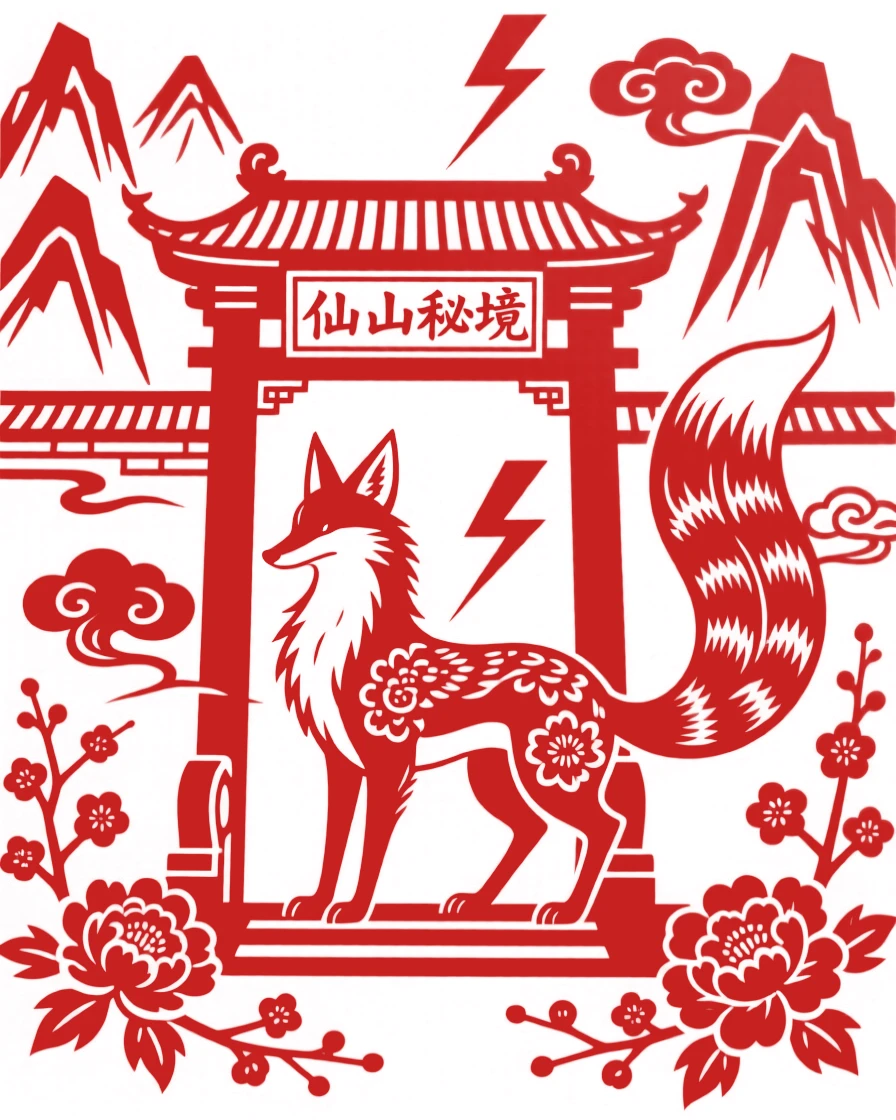 A fox spirit, guarding the gate of a hidden mountain temple, as thunder rumbles across distant peaks.