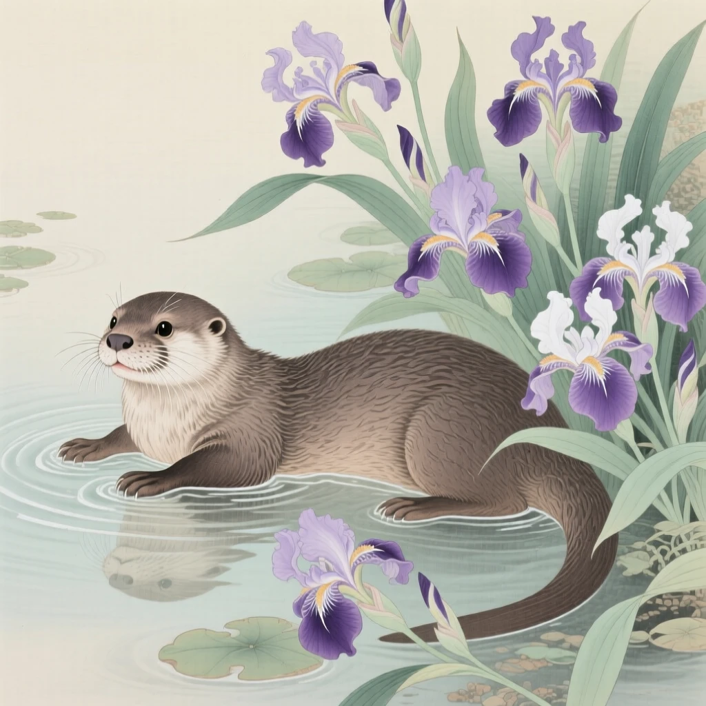 An otter floating on its back in a calm river in a garden pond surrounded by iris flowers