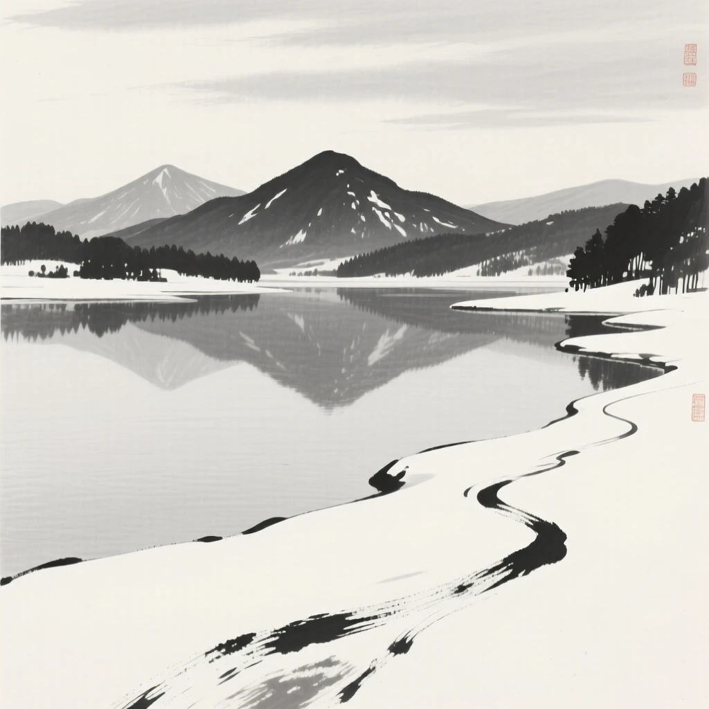 A quiet lake mirroring a ring of distant peaks under a pale winter sky heavy with unfallen snow, captured from a narrow path winding into the depth of the scene, suggesting the quiet vastness of the natural world.