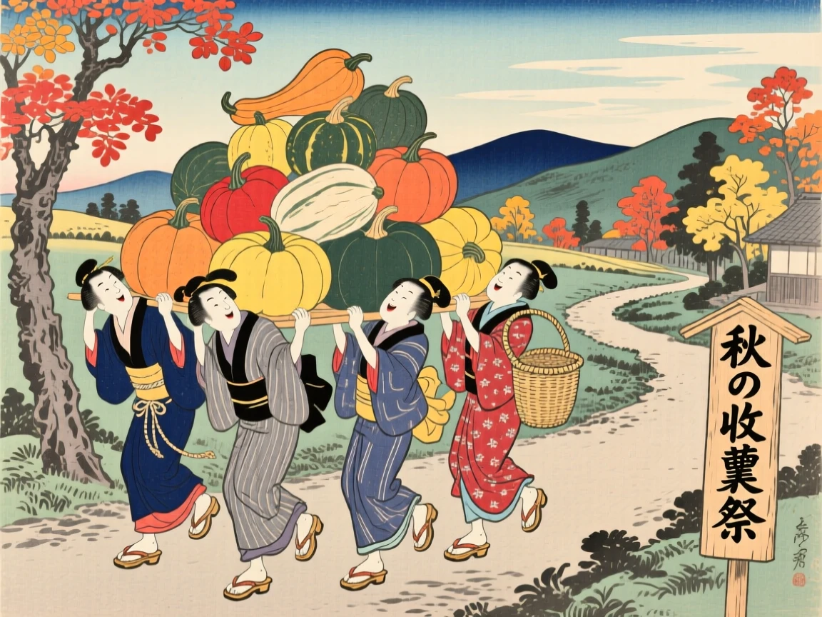 A group of students piled high with colorful autumn squash.
