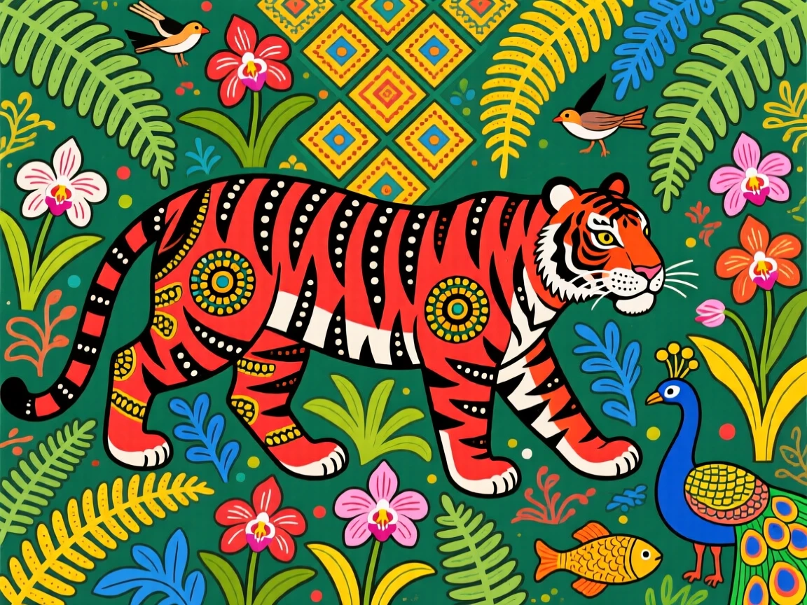 A tiger moving silently through a jungle thick with ferns and orchids.