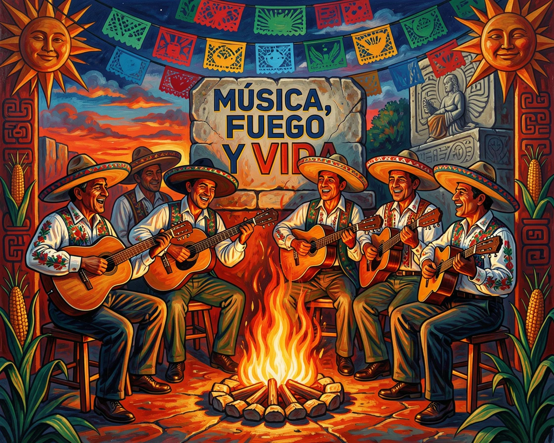 A group of musicians playing guitars around an evening fire