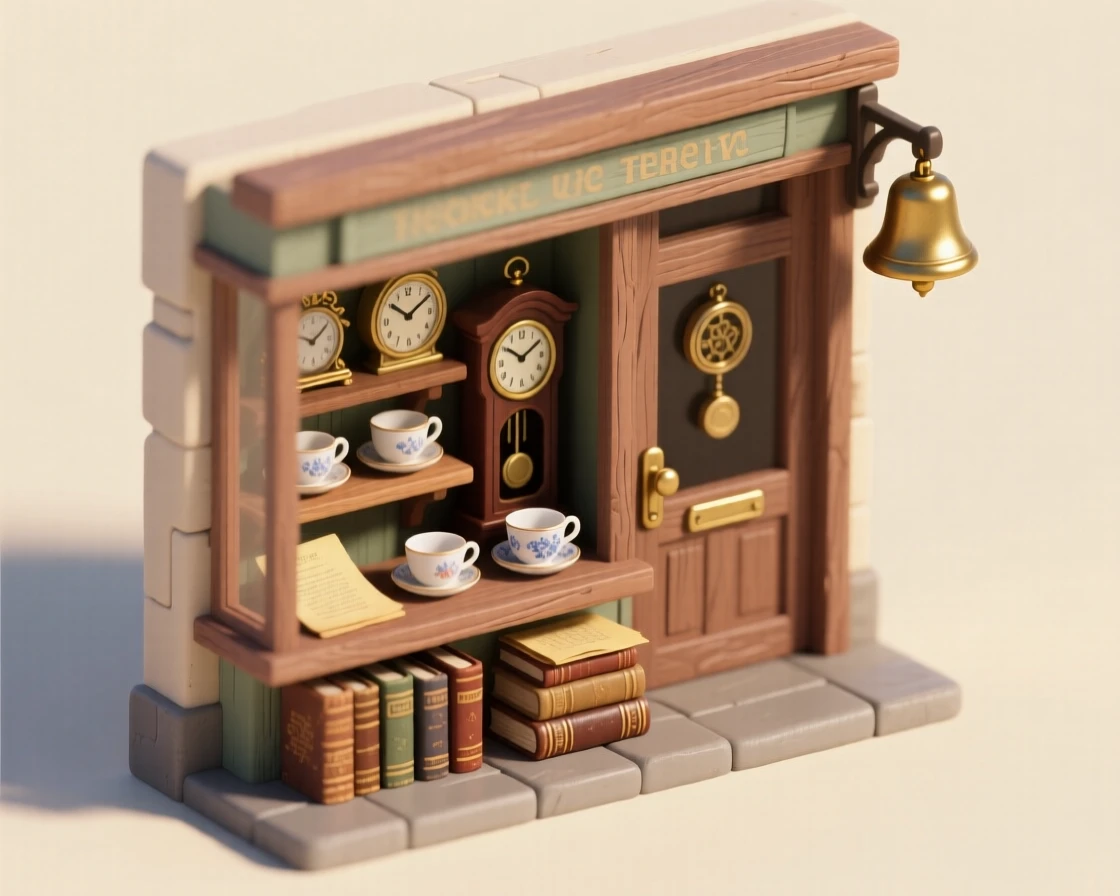 A quaint antique shop window filled with vintage clocks, teacups, and dusty books, a bell above the door ready to chime.