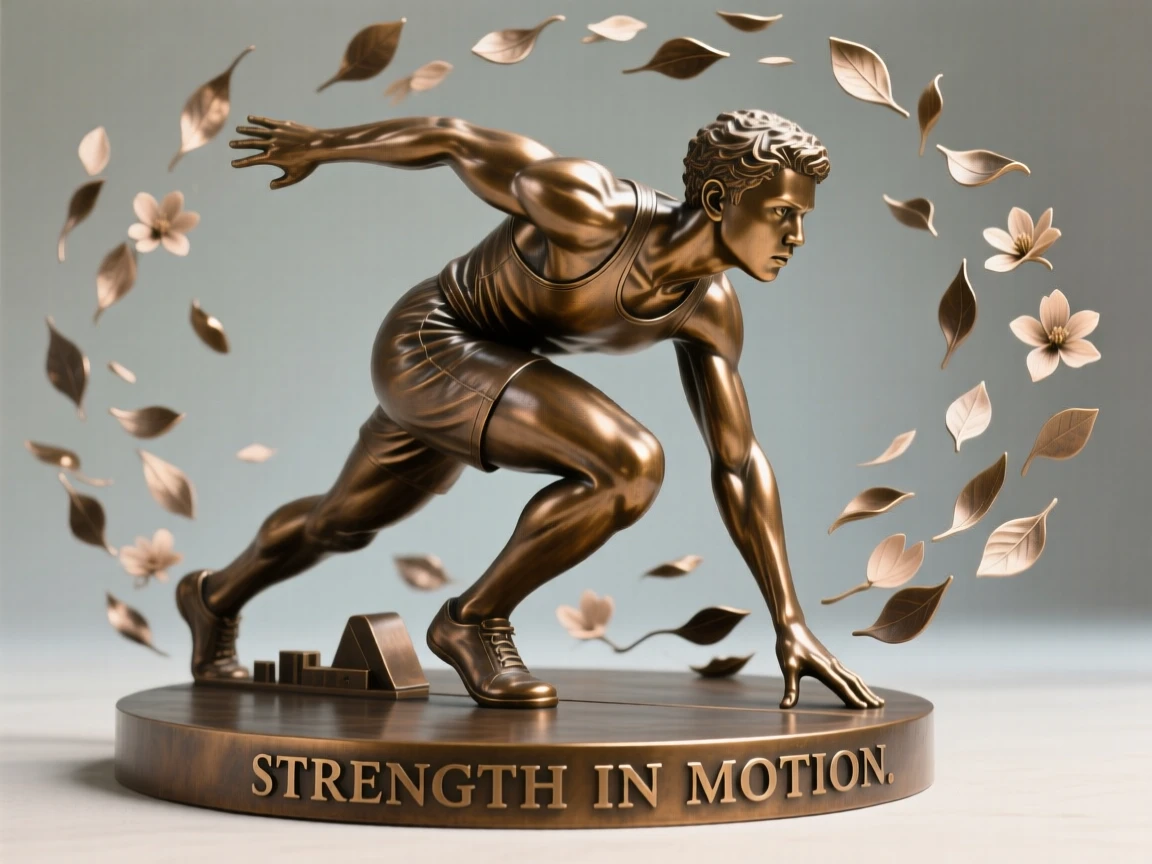 A young athlete stretching before a race, surrounded by falling petals or leaves, forming a strong central focal point
