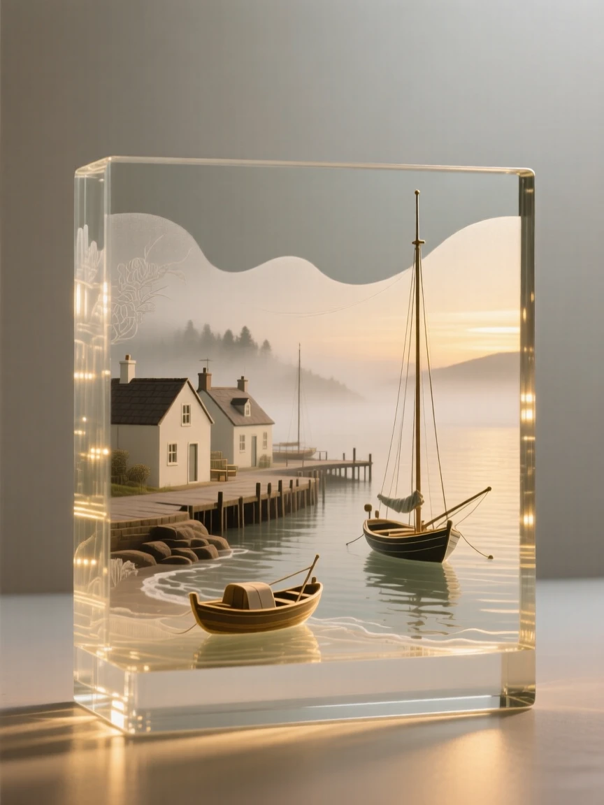 A quiet fishing village nestled along a misty coastline, captured in soft golden light with layers of atmospheric depth, evoking peace and quiet grandeur.