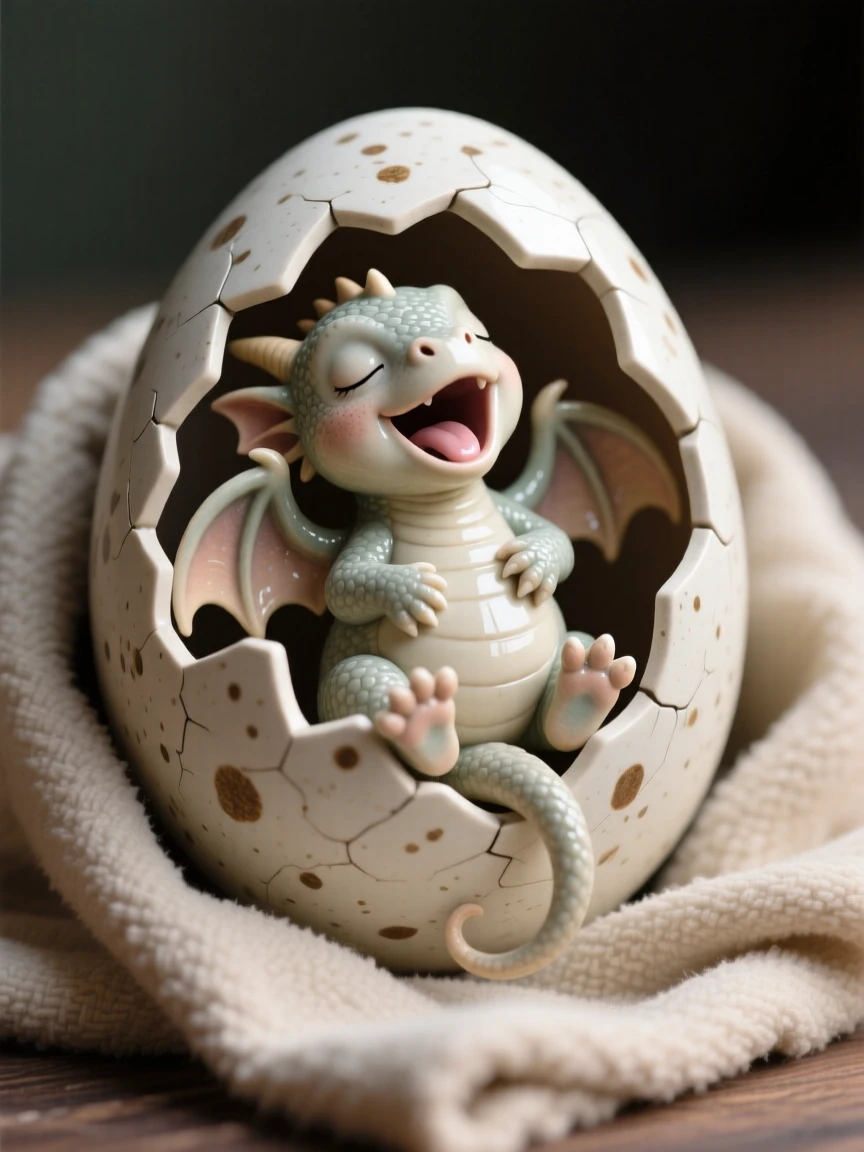 A tiny baby dragon hatching from a speckled egg captured mid-yawn in a sleepy, sweet moment, surrounded by soft, cozy textures, stirring an overwhelming urge to smile.