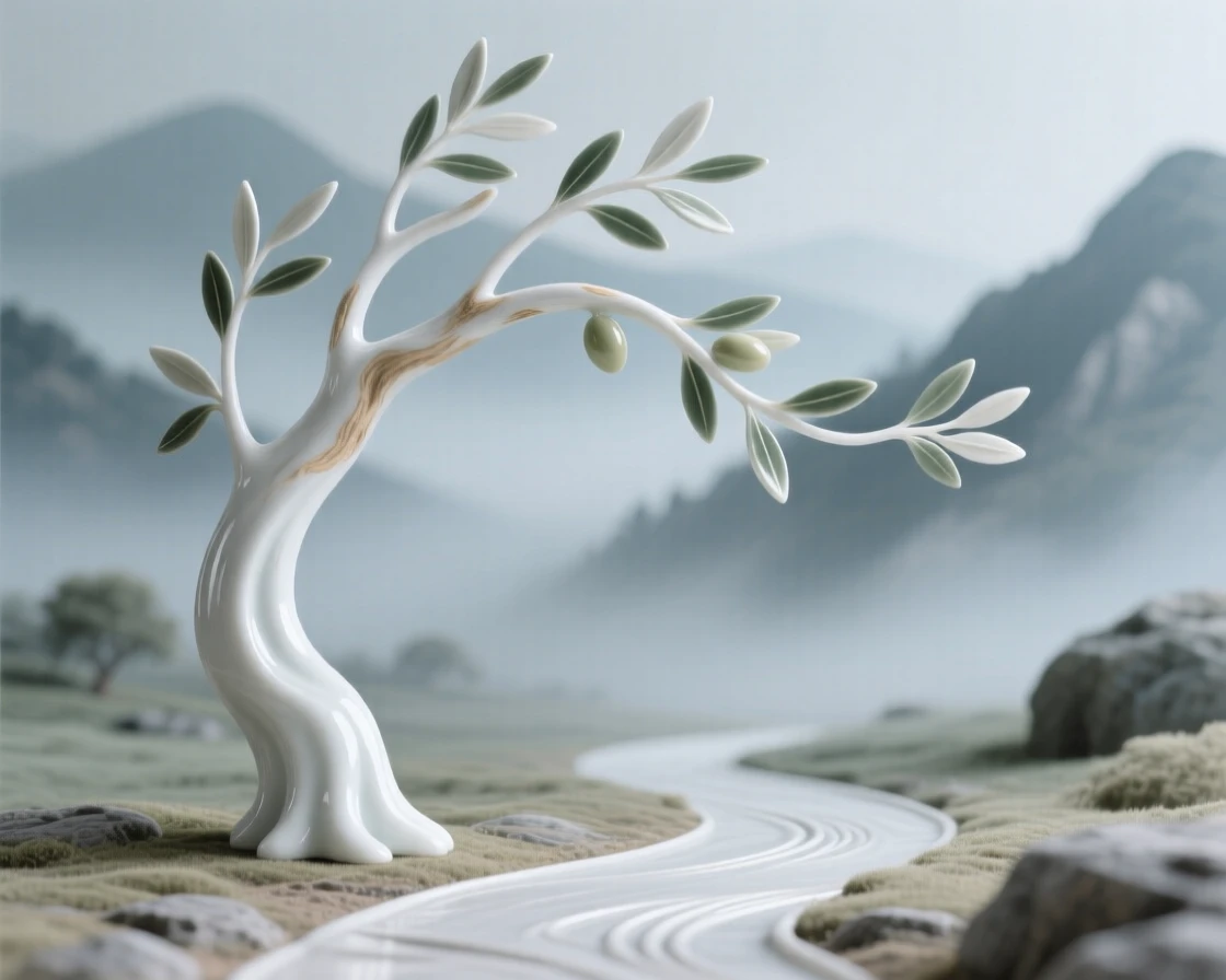 A wind-swept olive tree arching gracefully over a quiet path in a misty mountain valley.