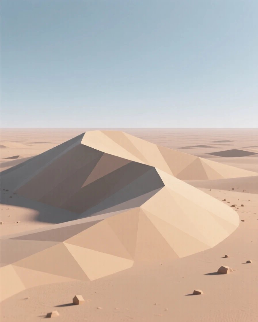 A vast desert dune under a blazing sky, beneath a sky painted in sunset hues. the horizon line anchors a balanced composition. It evokes a feeling of pure tranquility.