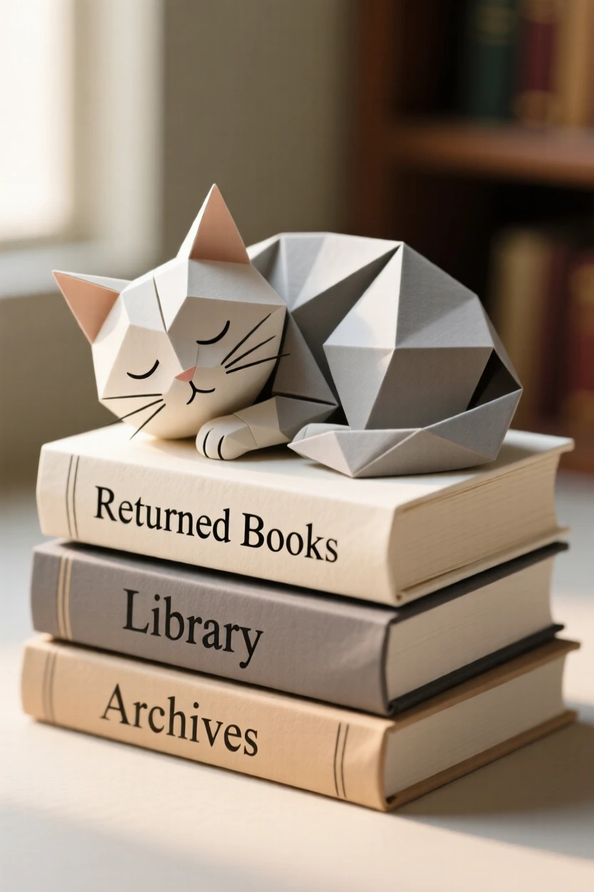 A cozy library cat curled asleep atop a stack of returned books.