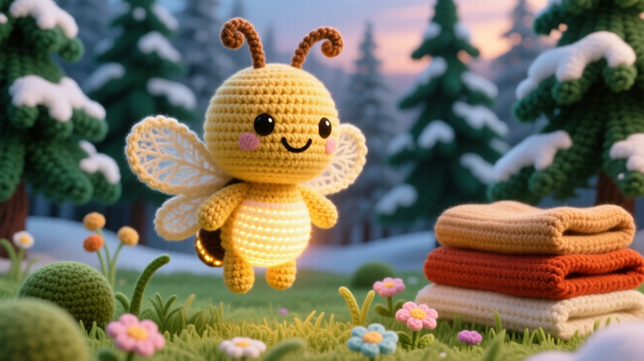 a cheerful summer firefly character, glowing softly in the dusk, is shown drifting above a warm summer meadow in a frosty pine forest dusted with fresh snow beside a stack of warm blankets, capturing bright cheerful energy of a special day.