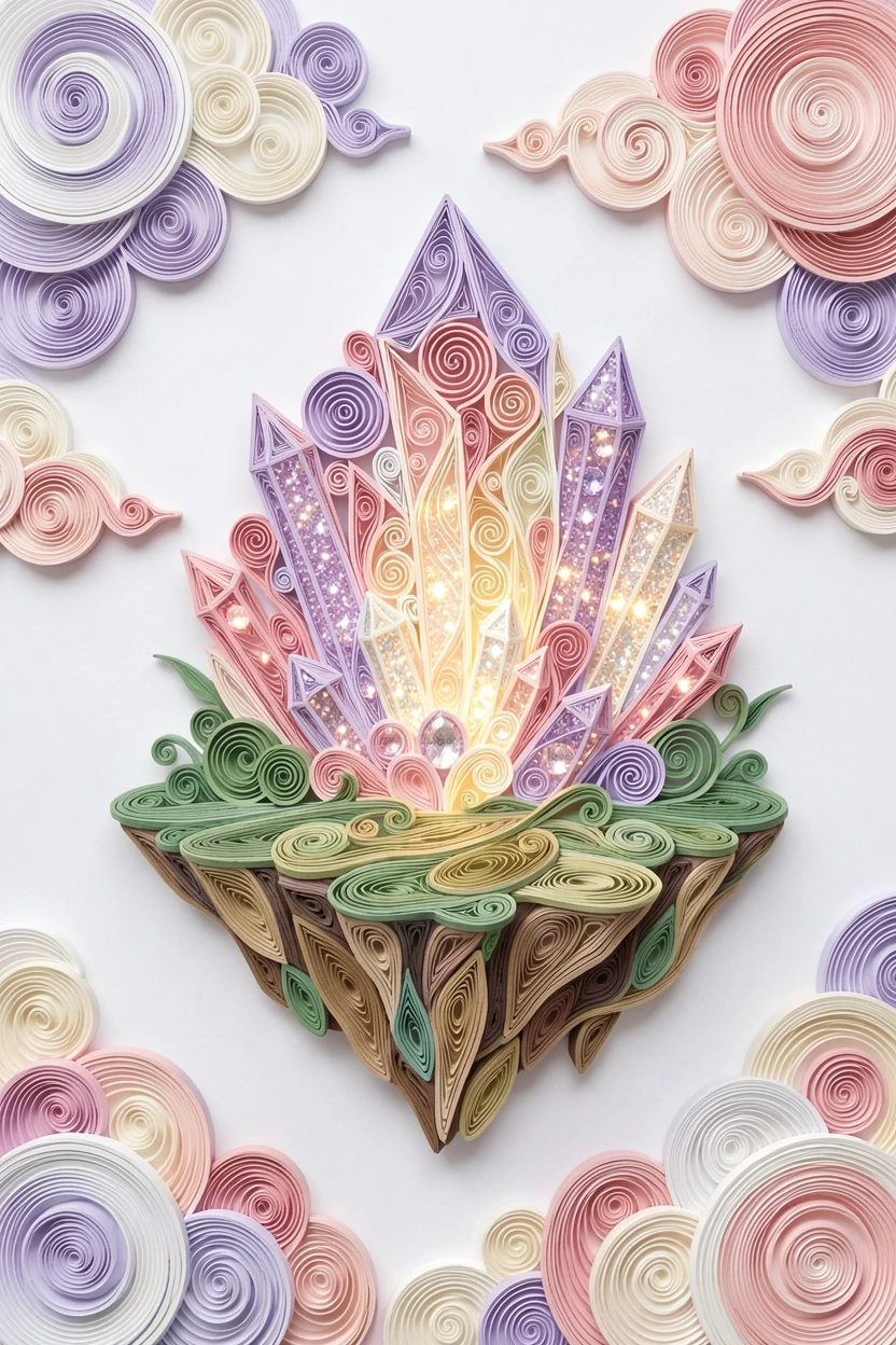 a glowing crystal cave filled with sparkling gems, atop a floating island in the clouds, shown in a grand, awe-inspiring wide composition, in dreamy pastel tones of lavender and rose.