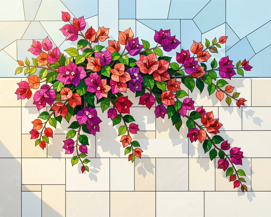 A cascade of bougainvillea flowers over a whitewashed wall.