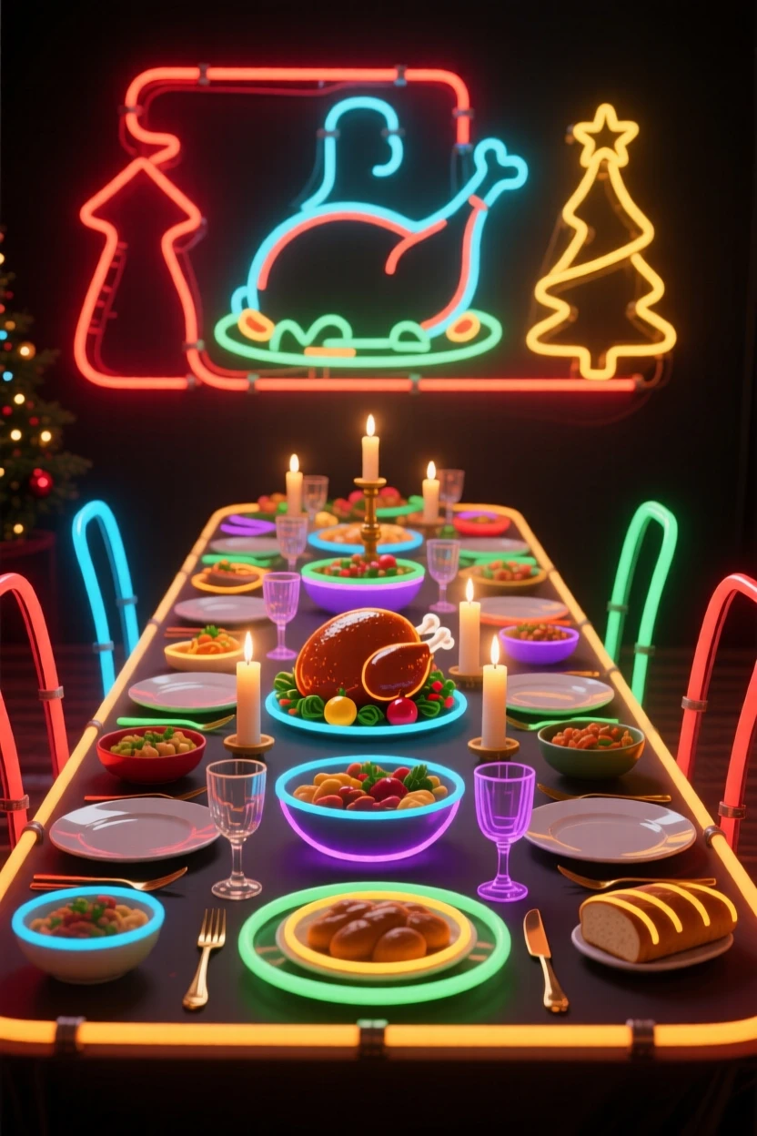 A holiday feast spread across a long dinner table.